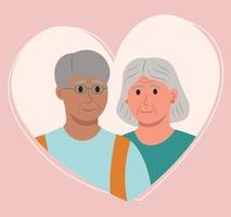 casal de anciãos, velhos apaixonados, retrato em ilustração vetorial multicultural de coração em estilo simples vetor