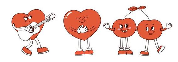 adesivos de corações adoráveis retrô no estilo de desenho animado retrô dos anos 60 e 70. conceito de amor. feliz Dia dos namorados. ilustração vetorial em cores rosa vermelhas. coração fofo. vetor