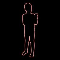 menino neon segurando telefone smartphone jogando tablet masculino usando ferramenta de comunicação adolescente olhando conceito de dependência de telefone dependência de tecnologias modernas imagem de ilustração vetorial de cor vermelha plana vetor