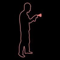 homem de néon usando água pulverizada no jardim de rega masculino usando aspersor de mão segurando o braço pente especial cor vermelha imagem de ilustração vetorial estilo plano vetor