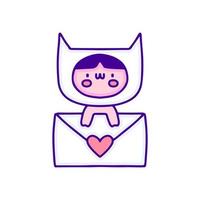 doce bebê em fantasia de gato segurando arte de doodle de carta de amor, ilustração para camiseta, adesivo ou mercadoria de vestuário. com pop moderno e estilo kawaii. vetor