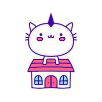 gato bebê doce e arte doodle de casa, ilustração para t-shirt, adesivo ou mercadoria de vestuário. com pop moderno e estilo kawaii. vetor