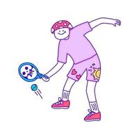 personagem de cogumelo engraçado jogando padel sport doodle art, ilustração para camiseta, adesivo ou mercadoria de vestuário. com estilo pop moderno. vetor