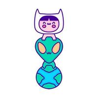 bebê fofo em fantasia de gato com arte de doodle alienígena e planeta terra, ilustração para camiseta, adesivo ou mercadoria de vestuário. com pop moderno e estilo kawaii. vetor