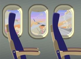 a bordo do avião, uma bela vista das nuvens da janela. vetor. vetor