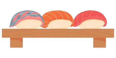 salmão dos desenhos animados, atum e sushi iwashi na placa de madeira. comida asiática cozinha japonesa, comida tradicional isolada no fundo branco vetor