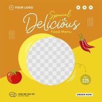 menu de comida deliciosa e modelo de postagem de mídia social de restaurante vetor