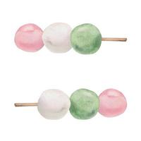 doces japoneses tradicionais desenhados à mão em aquarela. dango de três cores, rosa, branco e verde. isolado no fundo branco. design para convites, menu de restaurante, cartões comemorativos, impressão, têxtil vetor