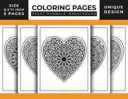 páginas para colorir de arte padrão de mandala floral em forma de coração definidas para adultos, arte de linha delineada desenhada à mão, páginas para colorir de mandala floral de coração doodle vetor