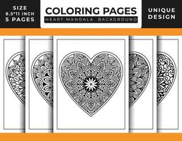 páginas para colorir de arte padrão de mandala floral em forma de coração definidas para adultos, arte de linha delineada desenhada à mão, páginas para colorir de mandala floral de coração doodle vetor