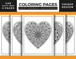 páginas para colorir de arte padrão de mandala floral em forma de coração definidas para adultos, arte de linha delineada desenhada à mão, páginas para colorir de mandala floral de coração doodle vetor