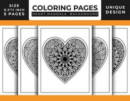 páginas para colorir de arte padrão de mandala floral em forma de coração definidas para adultos, arte de linha delineada desenhada à mão, páginas para colorir de mandala floral de coração doodle vetor