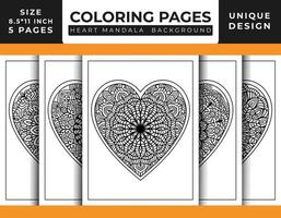 páginas para colorir de arte padrão de mandala floral em forma de coração definidas para adultos, arte de linha delineada desenhada à mão, páginas para colorir de mandala floral de coração doodle vetor