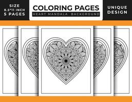 páginas para colorir de arte padrão de mandala floral em forma de coração definidas para adultos, arte de linha delineada desenhada à mão, páginas para colorir de mandala floral de coração doodle vetor