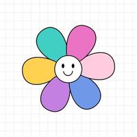 flor com rosto sorridente no estilo dos anos 90. ilustração em vetor doodle desenhado à mão isolada no fundo branco. nostalgia dos anos 90. perfeito para cartões, decorações, logotipo, adesivos.