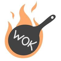 wok frigideira com chama. ícone no estilo doodle plana. ilustração vetorial. wok, comida asiática, logotipo para café vetor
