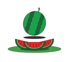 logotipo vetorial de uma melancia vermelha madura inteira, caule verde, melancia fatiada com carne vermelha servida em um prato. padrão de melancia de comida doce natural. coma uma deliciosa melancia de frutas tropicais. vetor