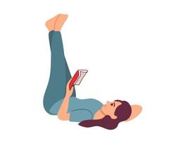 jovem na cama com as pernas para cima e lendo um livro. ilustração plana vetor
