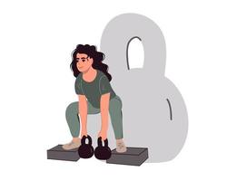 jovem se agacha com kettlebells, fitness. ilustração vetorial plana vetor