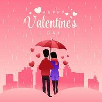 cartão de dia dos namorados com jovem casal se apaixonando sob a chuva com a paisagem urbana vetor