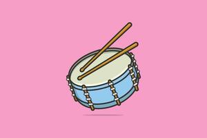 caixa de bateria com ilustração vetorial de bastões. conceito de ícone de objeto de instrumento musical. símbolo musical de tambor ou tarola com design de vetor de paus em fundo rosa com sombra.