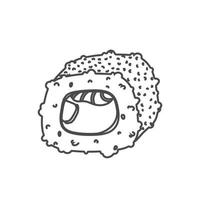 doodle sushi roll com gergelim, comida japonesa. ícone de estilo de desenho animado de rolo de sushi. sushi isolado no fundo branco. sushi de desenho vetorial. logotipo, ícone. mão desenhar rolos de sushi estilo. comida asiática vetor