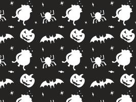 padrão de halloween, com abóbora, morcego, aranha, doces, caldeirão e chapéu de bruxa vetor
