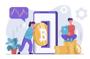 mineração de criptomoeda. uma mulher coloca um bitcoin em seu smartphone. um homem com um tablet senta-se em uma criptomoeda. vetor