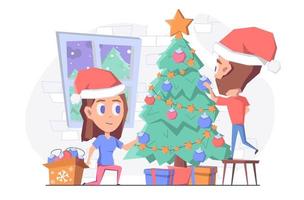 um homem e uma mulher decorando a árvore de natal com brinquedos vetor