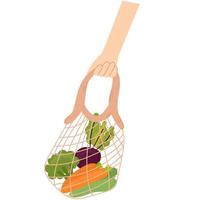 mão segurando sacos de barbante com legumes. linda embalagem ecológica desenhada à mão e conceito de desperdício zero. vetor