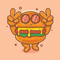 mascote de personagem de comida de hambúrguer engraçado com desenho animado isolado de gesto de mão de paz em design de estilo simples vetor