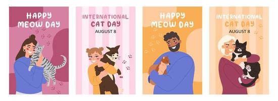 feliz dia do miau e coleção de cartões do dia internacional do gato. pessoas abraçando seus gatos. ilustrações vetoriais planas. vetor