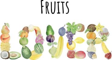 fundo aquarela com letras frutas em fundo branco, layout plano. conceito de alimentação saudável, fundo alimentar. quadro de frutas vetor