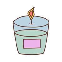 vela de aroma em um castiçal de vidro com rótulo em estilo doodle. aniversário, celebração, feriado, festa, hygge, conceito de aromaterapia. vetor