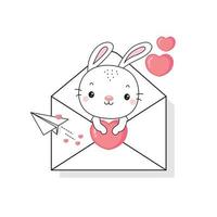 coelho fofo em um envelope com design de personagem de coração .cartoon para dia dos namorados. vetor