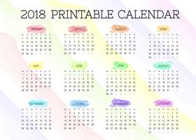 2018 vetor de calendário de acuarela imprimível