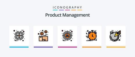 a linha de gerenciamento de produtos preencheu o pacote de 5 ícones, incluindo global. marca. produtos. produtividade. mente. design de ícones criativos vetor