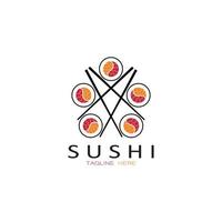 modelo de logotipo de sushi barra de ilustração de estilo de ícone vetorial ou loja, sushi, rolo de salmão, sushi e rolos com bar de pauzinhos ou modelo de logotipo de vetor de restaurante