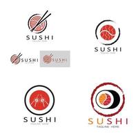 modelo de logotipo de sushi barra de ilustração de estilo de ícone vetorial ou loja, sushi, rolo de salmão, sushi e rolos com bar de pauzinhos ou modelo de logotipo de vetor de restaurante