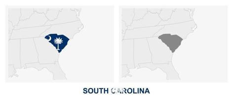 duas versões do mapa do estado da carolina do sul dos eua, com a bandeira da carolina do sul e destacada em cinza escuro. vetor