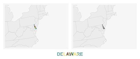 duas versões do mapa do estado americano de delaware, com a bandeira de delaware e destacada em cinza escuro. vetor