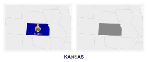 duas versões do mapa do estado americano de kansas, com a bandeira do kansas e destaque em cinza escuro. vetor