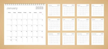 calendário de parede simples ano 2023 com linhas pontilhadas. o calendário está em inglês, a semana começa na segunda-feira. vetor