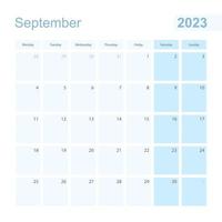 Planejador de parede de setembro de 2023 em cor pastel azul, a semana começa na segunda-feira. vetor