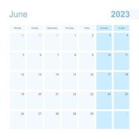 Planejador de parede de junho de 2023 na cor pastel azul, a semana começa na segunda-feira. vetor