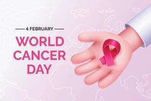 dia mundial do câncer, mão com fita, ilustração vetorial 3d vetor