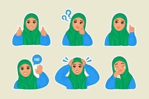 linda garota muçulmana com diferentes expressões faciais vetor