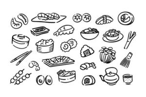 Esboços de comida de cozinha japonesa simples e ásperos desenhados à mão. vetor