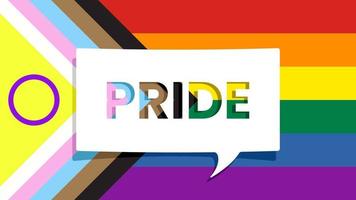 mensagem de orgulho em balão de fala de papel recortado e bandeira de arco-íris de orgulho de progresso ao fundo