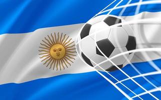 bola de futebol de couro realista na rede com bandeira da argentina. ilustração em vetor 3D